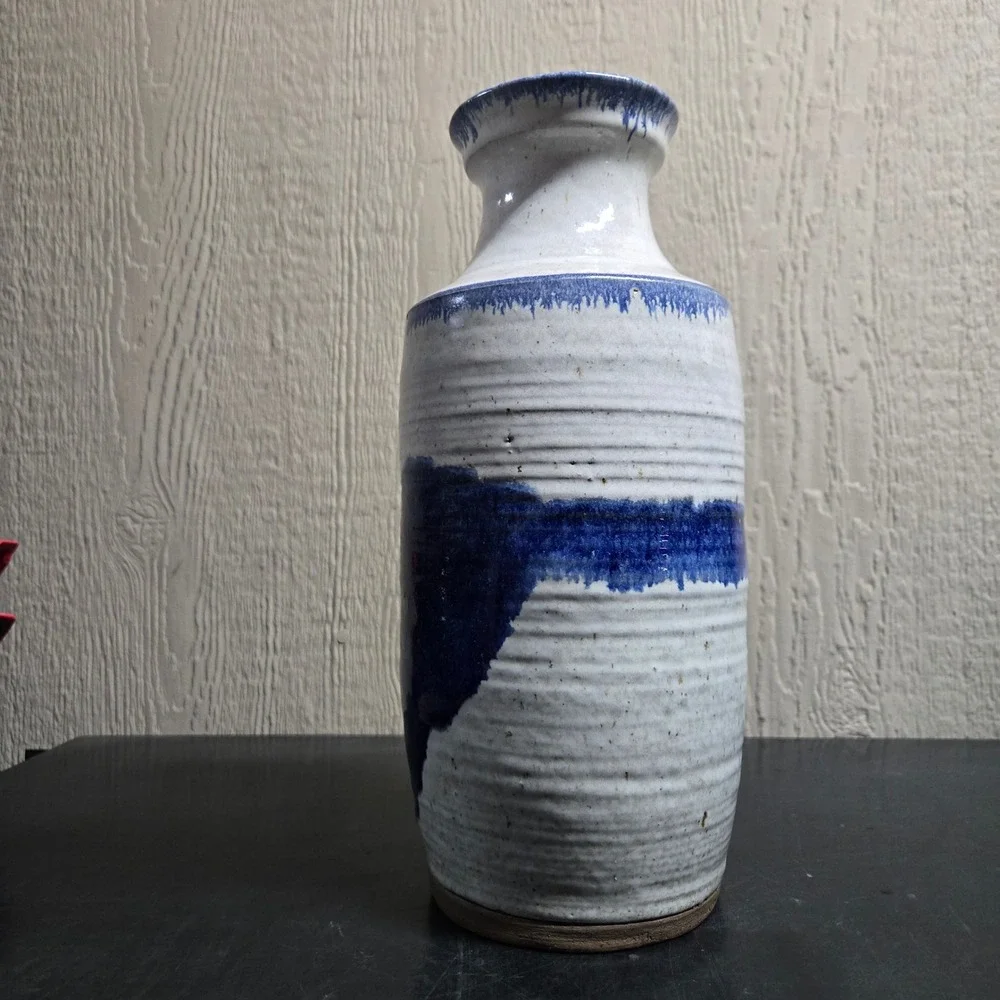 Studio Pottery Vase White Blue Ribbed Stoneware Handmade Decor 13